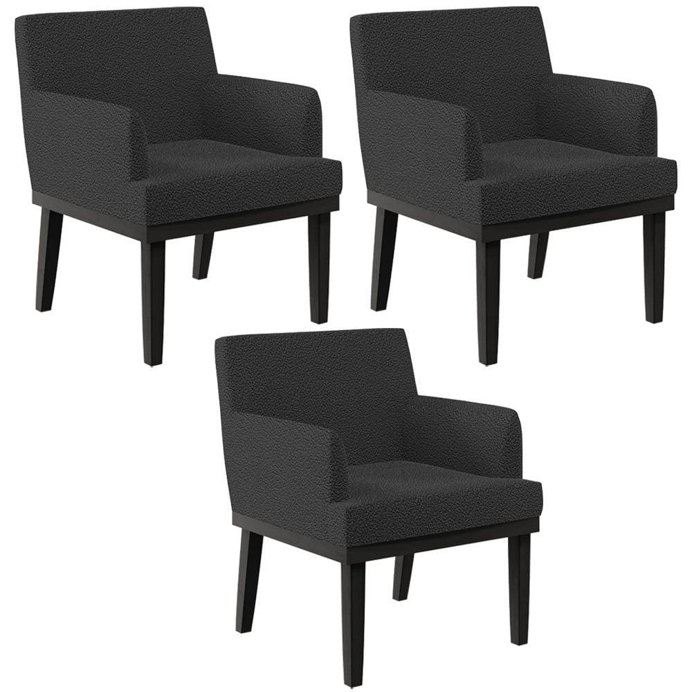 Kit 03 Poltronas Decorativas Sala de Estar Base Preto Beatriz W01 Bouclê Preto - Lyam Decor
