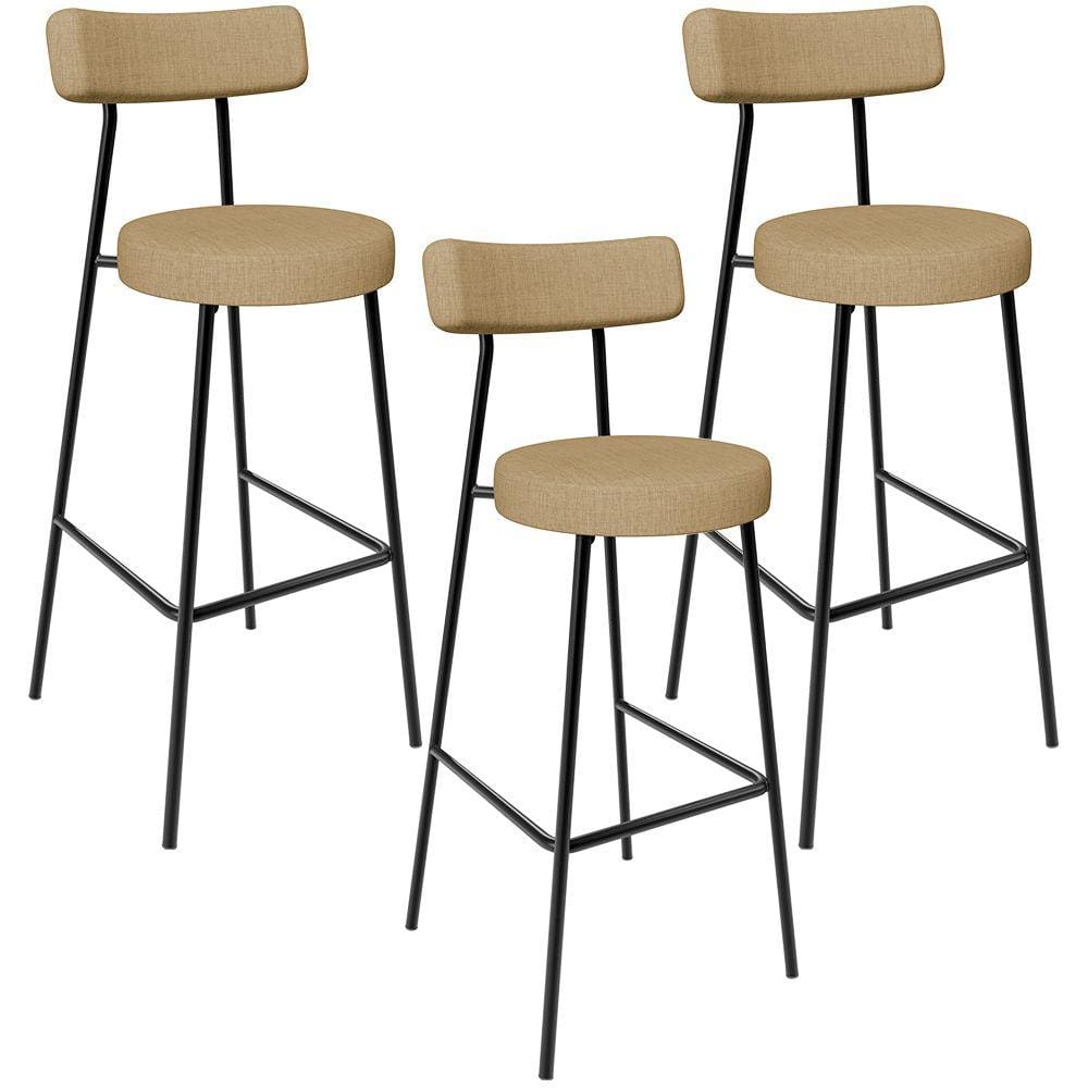 Kit 03 Banquetas Alta Bar Cozinha Sala De Jantar Em Aço Milão L02 Linho Bege Escuro - Lyam Decor