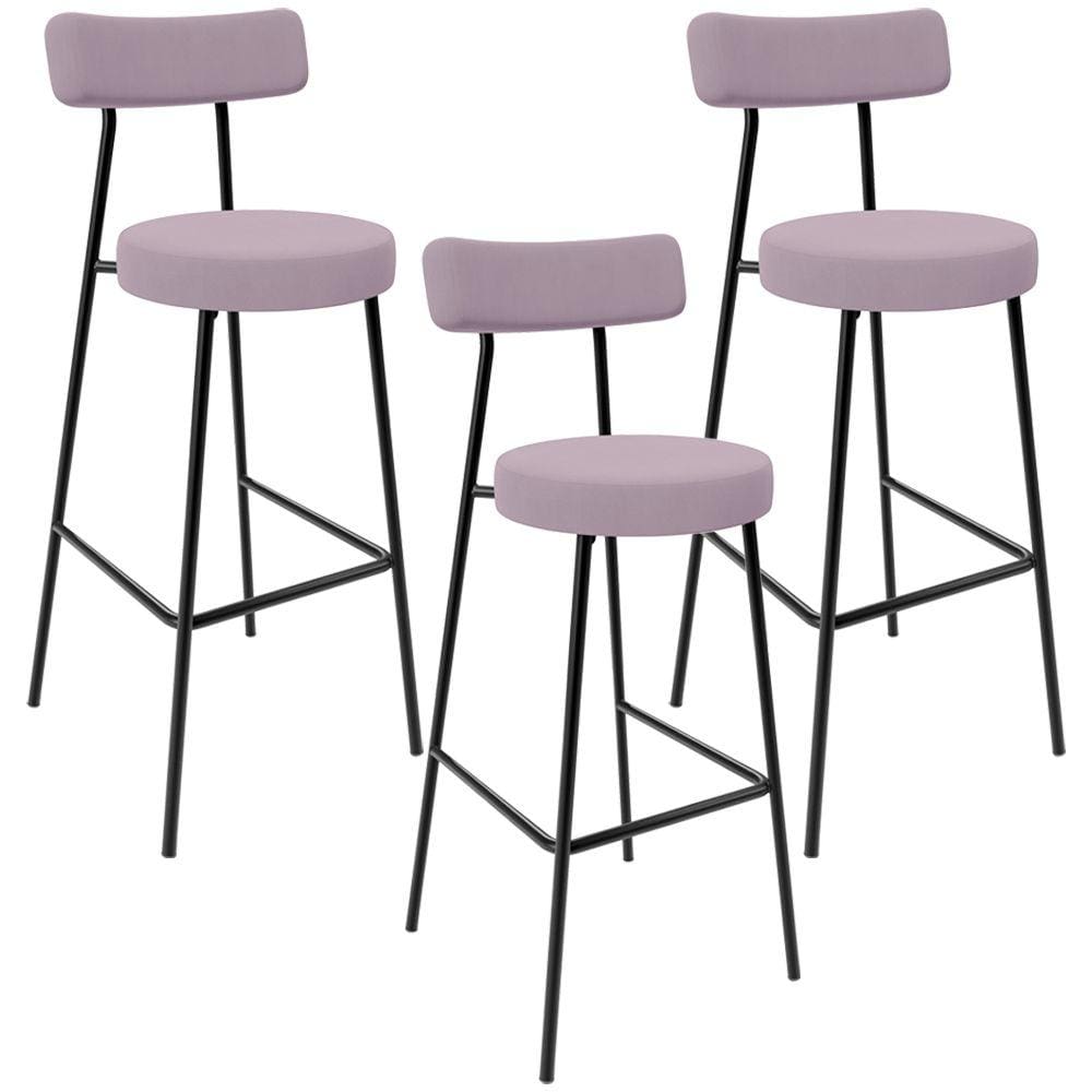 Kit 03 Banquetas Altas Cozinha Bar Sala De Jantar Em Aço Milão L02 Suede Rosê - Lyam Decor