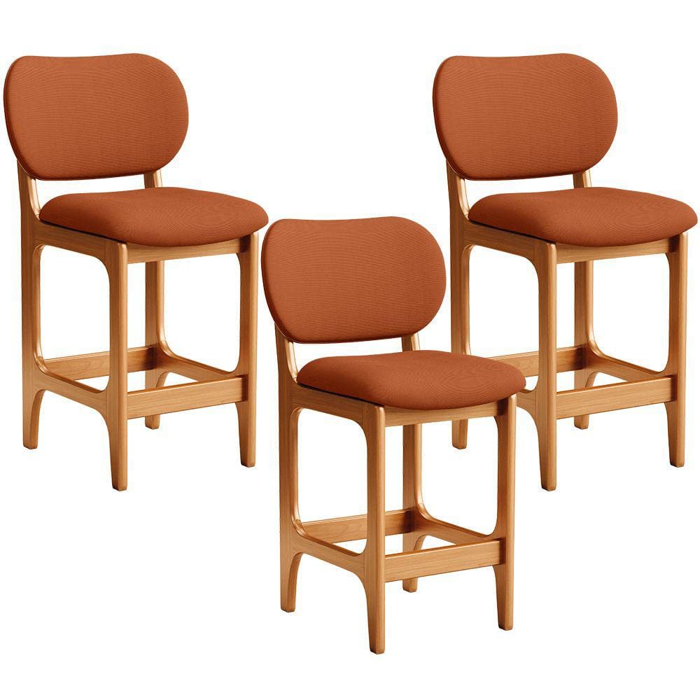 Kit 03 Banquetas Baixa Bar Cozinha E Sala De Jantar Fixa Betta L02 Imbuia Tecido Terracota - Lyam Decor
