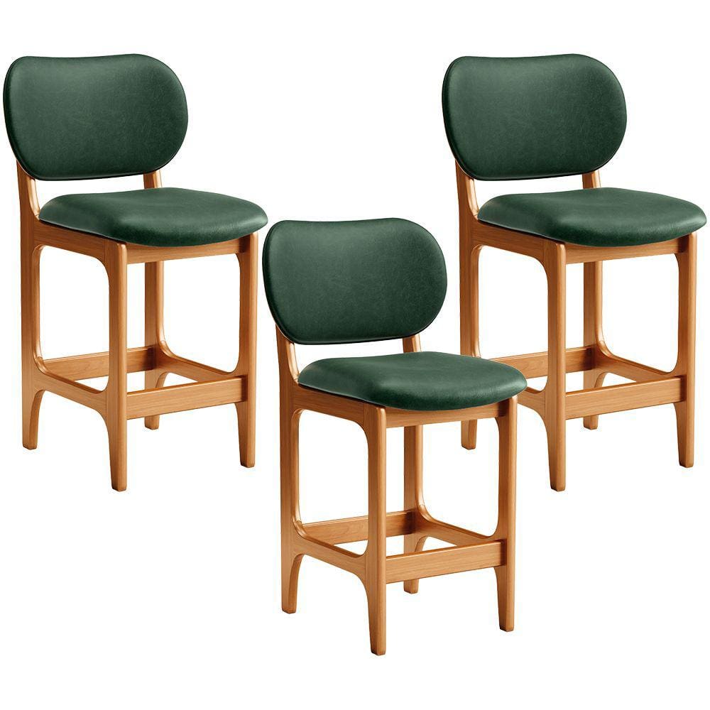 Kit 03 Banquetas Baixa Bar Cozinha E Sala De Jantar Fixa Betta L02 Imbuia Facto Verde Musgo - Lyam Decor