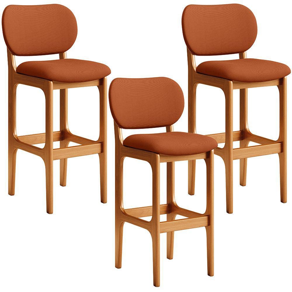 Kit 03 Banquetas Alta Bar Cozinha Sala Jantar Fixa Betta L02 Imbuia Tecido Terracota - Lyam Decor