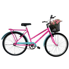 Bicicleta Retrô Aro 26 Freio V-Brake Cesta Rosa / Anis