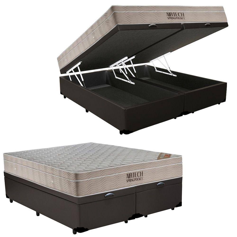Cama Box Baú King Sintético Bipartido + Colchão Ortobom Airtech Molas Ensacadas 65x193x203 Marrom