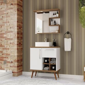 Gabinete com Pés Para Banheiro 70cm com Cuba e Espelheira Veneza Branco/Nogal