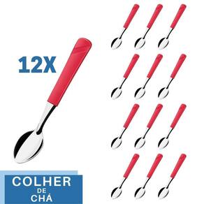 Jogo 12 Colher de Chá Aço Inox Plástico Vermelho Luna