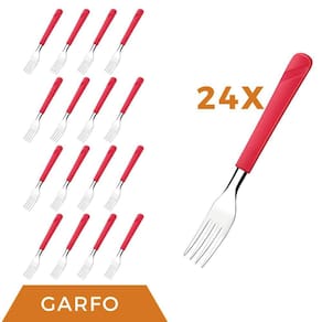 Kit 24 Peças Garfos Aço Inox Plástico Vermelho Luna Almoço