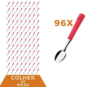 Jogo 96 Peças Colher de Chá Vermelho Aço Inox Luna Almoço