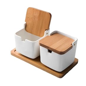 Jogo 2 Porta Condimento em Porcelana Com Tampa De Bambu