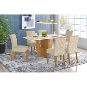 Jogo de Mesa Vértice 1600 e 6 Cadeiras Vita Nature/Linho - FdECOR