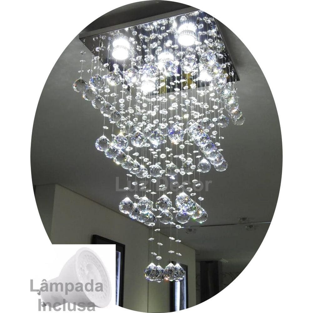 Lustre De Cristal Para Hall Com Base Inox Espelhada 38x38cm