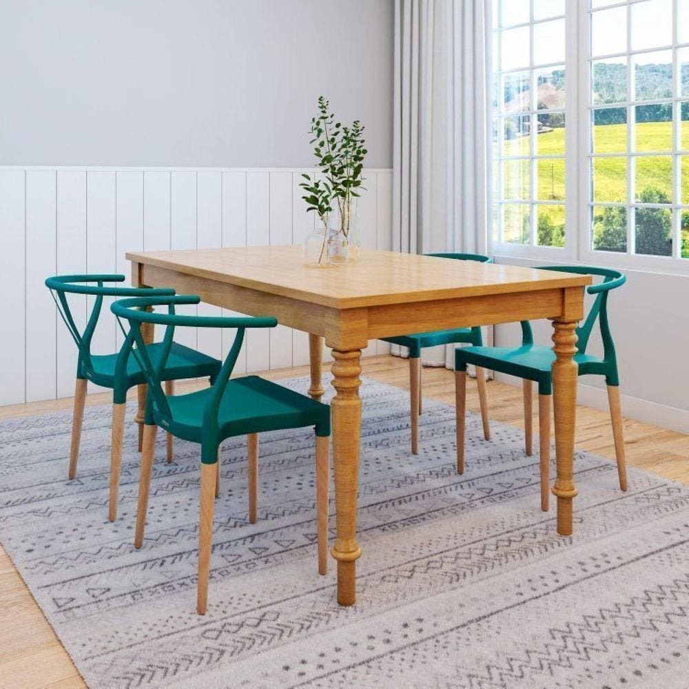Conjunto Mesa Madeira Maciça 4 Cadeiras Wishbone Amarílis Yescasa Espresso Móveis Mel / Verde