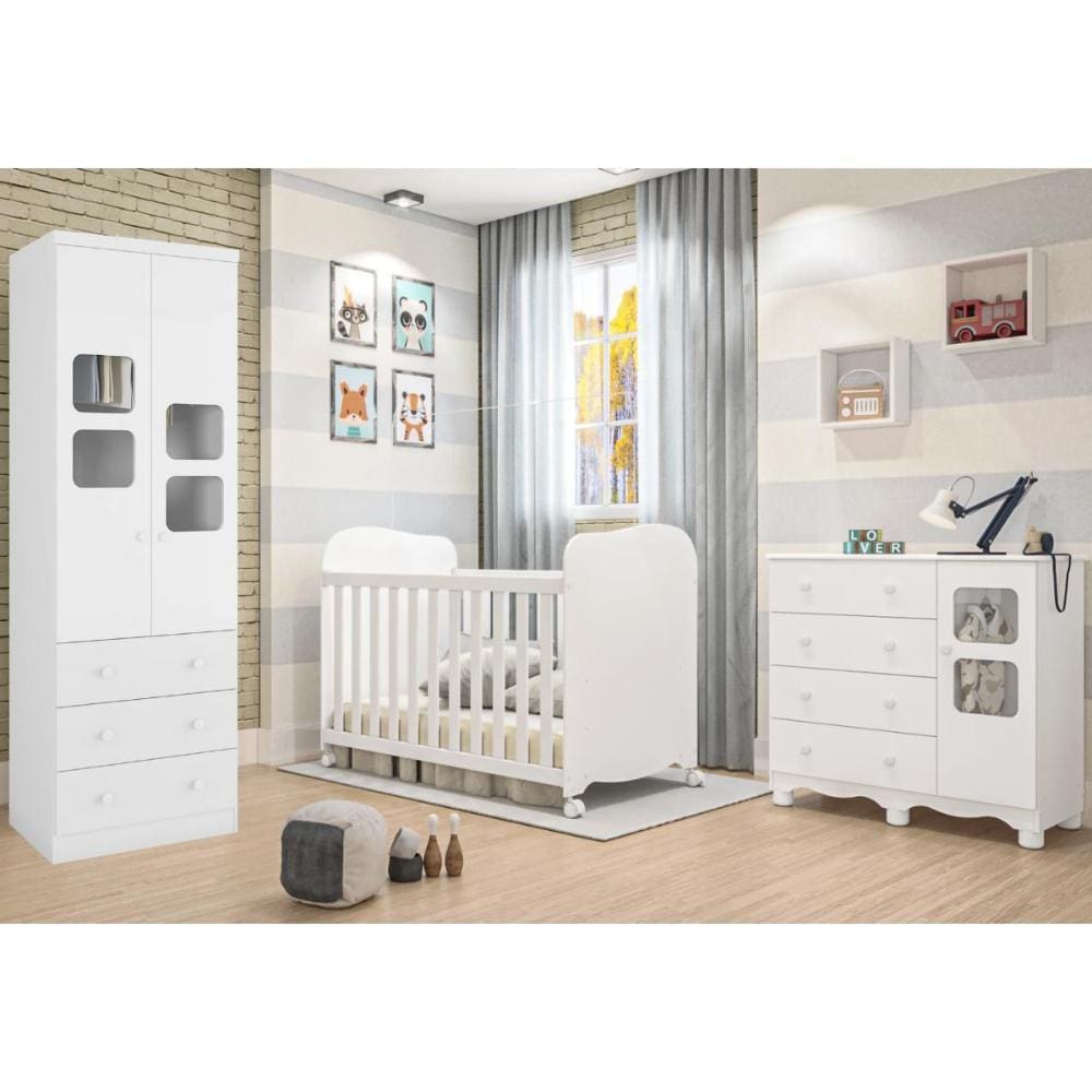 Quarto de Bebê Completo Berço Americano Uli Guarda Roupa Uli 2 Portas Cômoda Uli Peroba