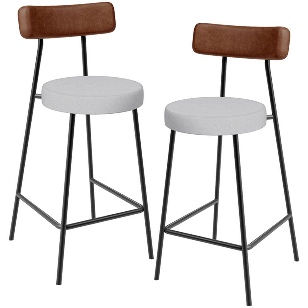 Kit 02 Banquetas Baixa Cozinha Sala De Jantar Milão L02 Couríssimo Marrom Linho Cinza -LyamDecor