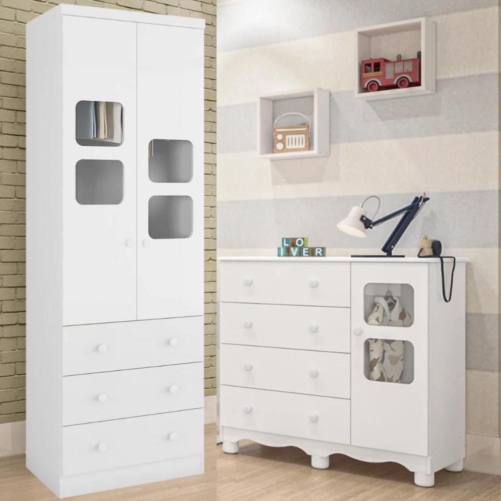 Quarto de Bebê Completo Guarda Roupa Uli 2 Portas Cômoda Uli Peroba