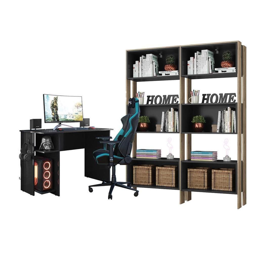 Escritório com Escrivaninha e 2 Livreiros com Nicho Carvalho/Preto - FdECOR