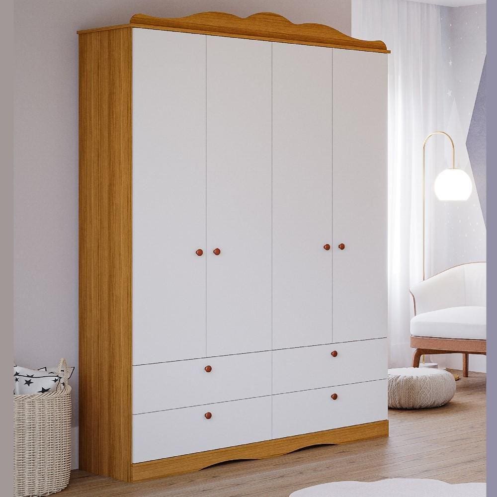 Roupeiro Infantil Encanto Permobili 4 Portas 4 Gavetas Nature Branco