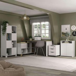 conjunto de escrivaninha com gaveteiro, estante e armário de escritório wally gold cool 6 pt 5 gv branco e olmo