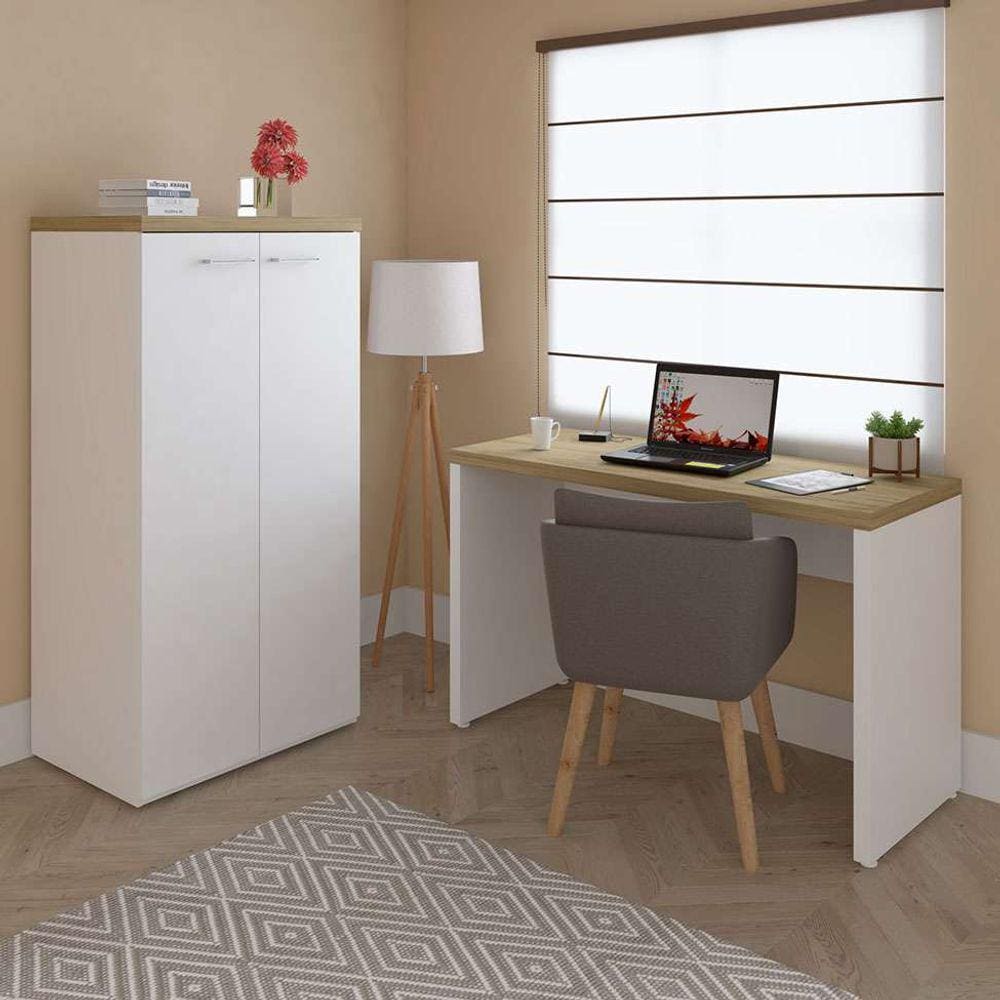 conjunto de escrivaninha com armário de escritório toq 2 pt branco e olmo 140 cm