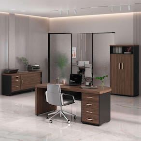 conjunto de mesa com 2 armários de escritório executiva 4 pt 7 gv marrom e preto