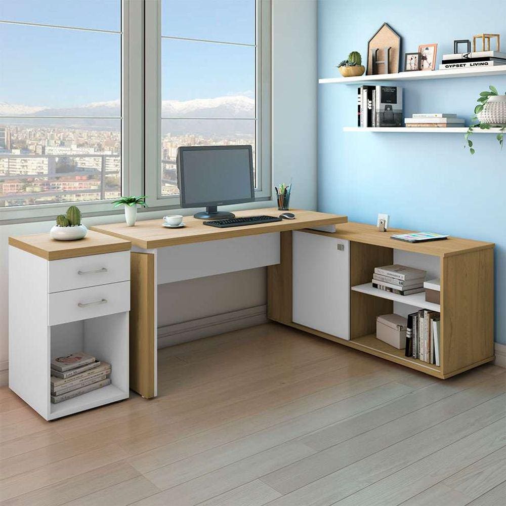 conjunto de escrivaninha com gaveteiro smart toq 1 pt 2 gv branco e olmo