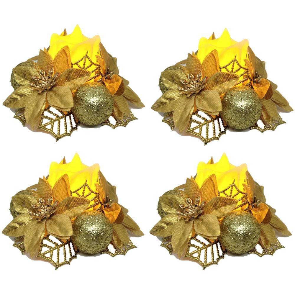 Jogo 4 Velas Eletrônicas LED Natal Decorado Bico de Papagaio Pick Glitter Dourado
