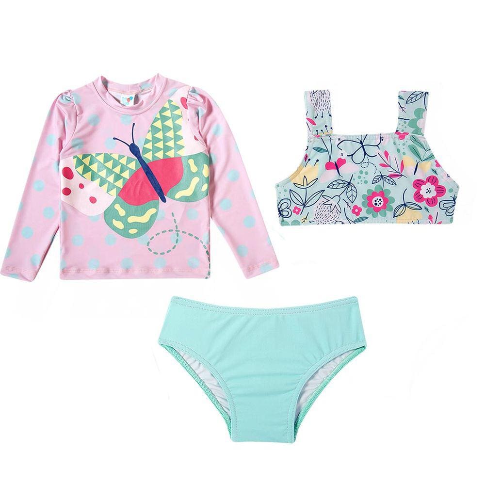 Conjunto Praia Camiseta e Biquíni Cropped Floral Verde Água Tip Top