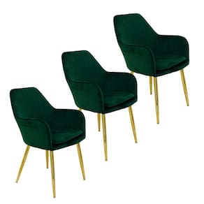Kit 3 Cadeiras Poltrona Lines Base Dourada Recepção Sala Decorativa Suede - Verde