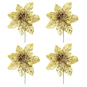 Jogo 4 Flores Pick Vazado Bico de Papagaio Glitter Dourado Natal 14cm - Magizi