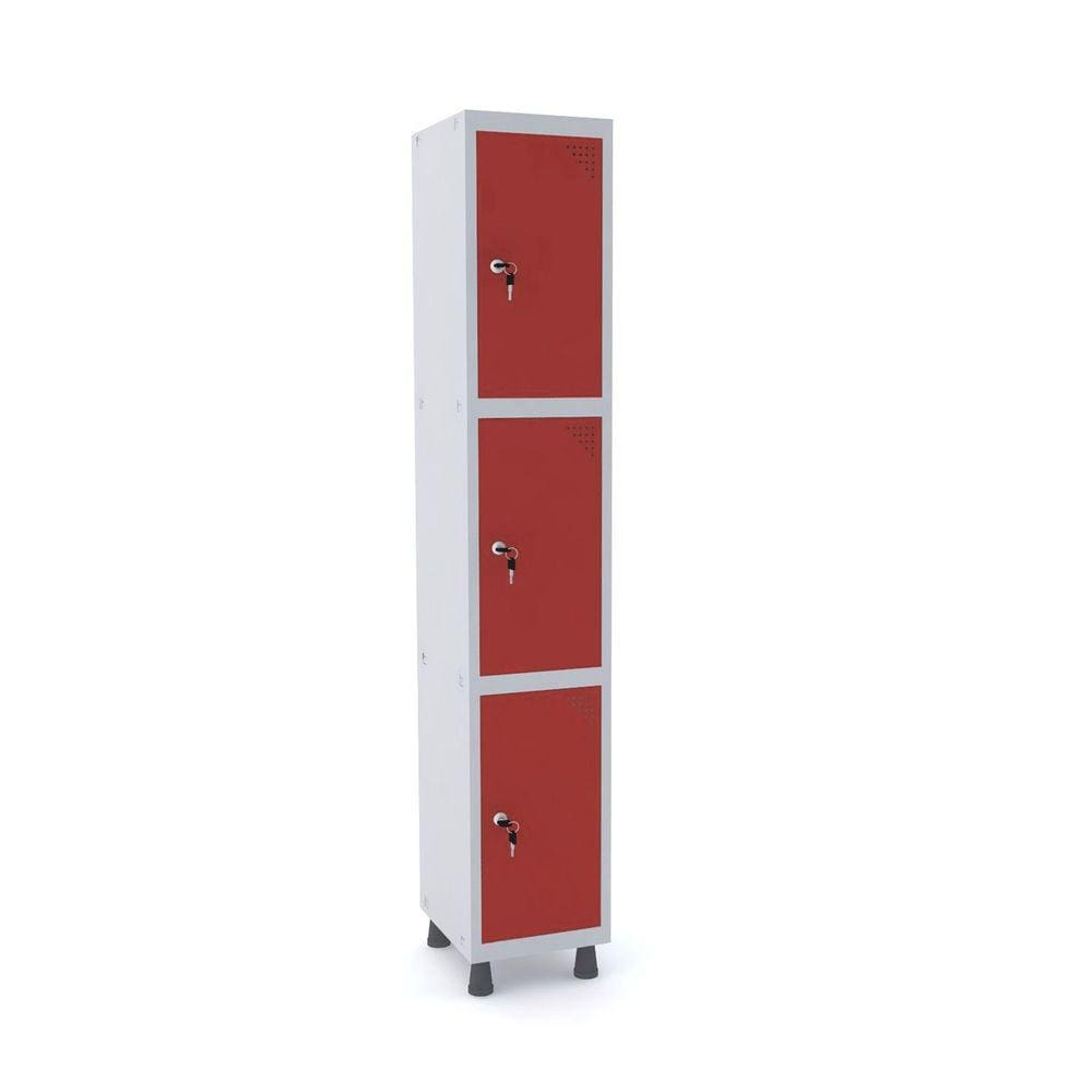 Roupeiro De Aço 1M 03 Portas Fechadura Pandin - Cinza/Vermelho