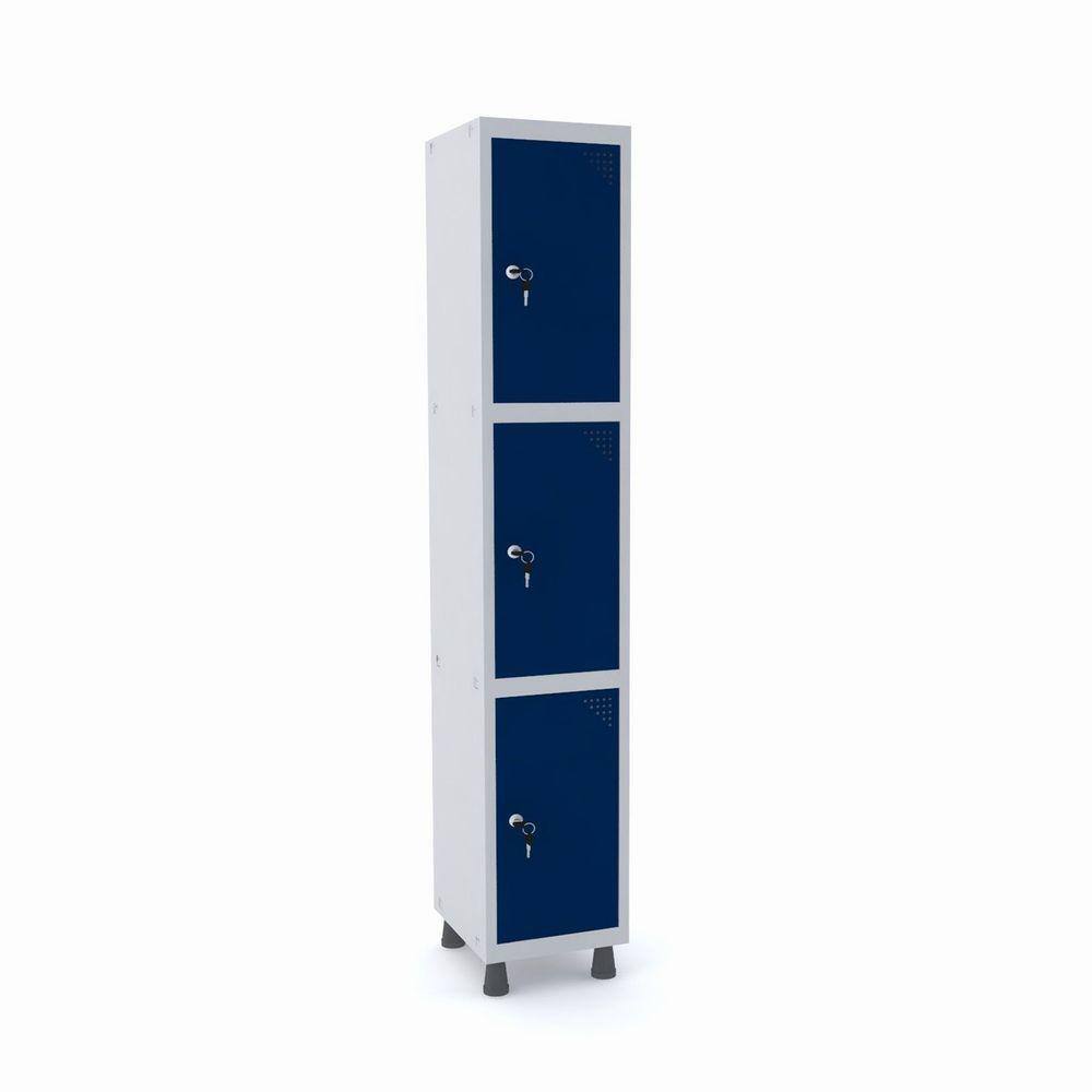 Roupeiro De Aço 1M 03 Portas Fechadura Pandin - Cinza/Azul Del Rey