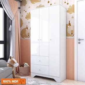 Guarda Roupa Infantil 3 Portas 2 Gavetas 100% MDF Ben Plus Móveis Peroba Branco Brilho