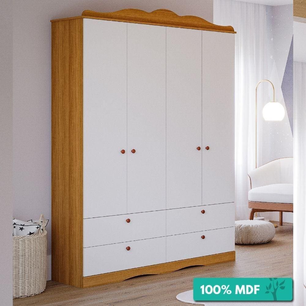 Guarda-Roupa Infantil 100% Mdf 4 Portas 4 Gavetas Encanto Permobili Nature/Branco