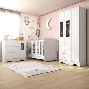Quarto de Bebê Completo com Guarda Roupa e Cômoda com Janelas e Berço Americano 3 em 1 Ben Móveis Peroba Branco Brilho