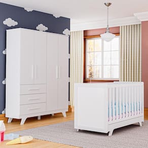 Quarto de Bebê com Guarda Roupa 4 Portas e 3 Gavetas e Berço Retrô Moveis Peroba Branco Brilho