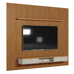 Conjunto Painel Ripado Marisa com 1 Nicho com Tampo Engrossado e 1 Prateleira Nature e Off White 300x250 cm - D`Rossi