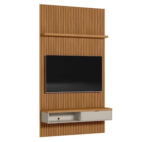 Conjunto Painel Ripado Marisa com 1 Nicho com Tampo Engrossado e 1 Prateleira Nature e Off White 140x250 cm - D`Rossi