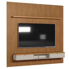 Conjunto Painel Ripado Marisa com 1 Nicho com Tampo Engrossado e 1 Prateleira Nature e Off White 260x250 cm - D`Rossi