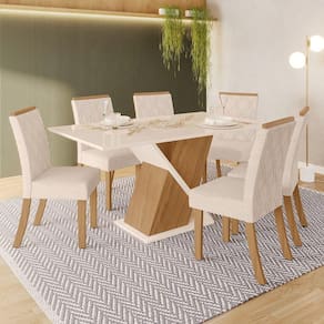 Conjunto Sala de Jantar Tampo MDF Canto Reto 6 Cadeiras Helena Marrom/Off White/Linho