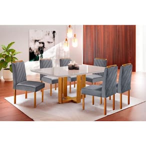 Conjunto Sala de Jantar 6 Lugares Mesa Tampo em Vidro e Cadeiras Lisy Veludo Móveis Mix