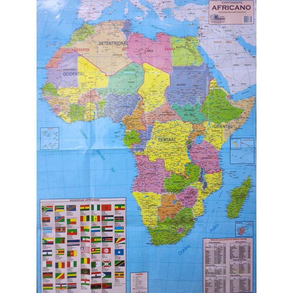 Mapa do Continente Africano Politico Rodoviário Turístico e Estatístico Com Índice de Localização 120x90CM