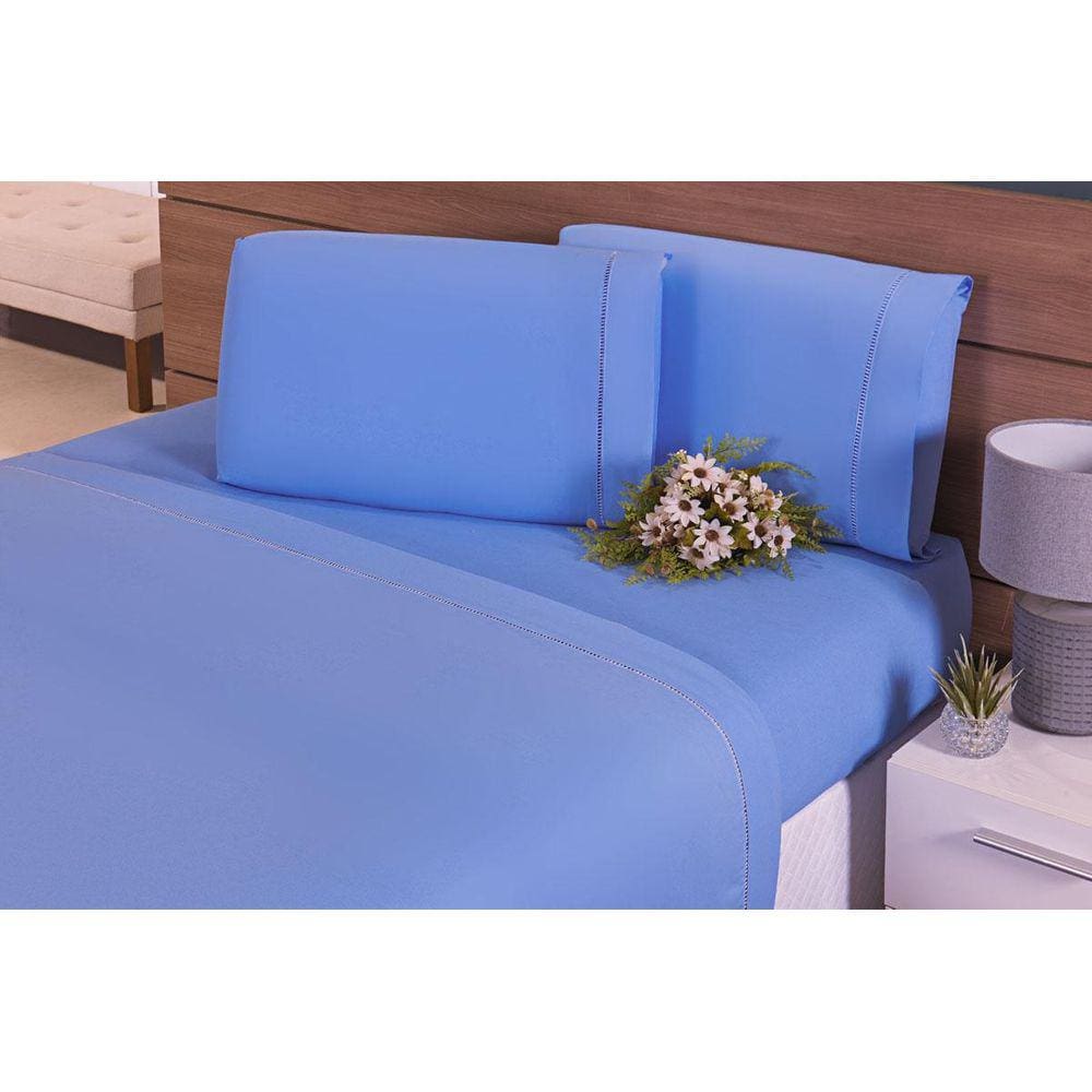 Jogo Lençol 4 Peças Cama Viúva 1,88M X 1,28M Percal Azul