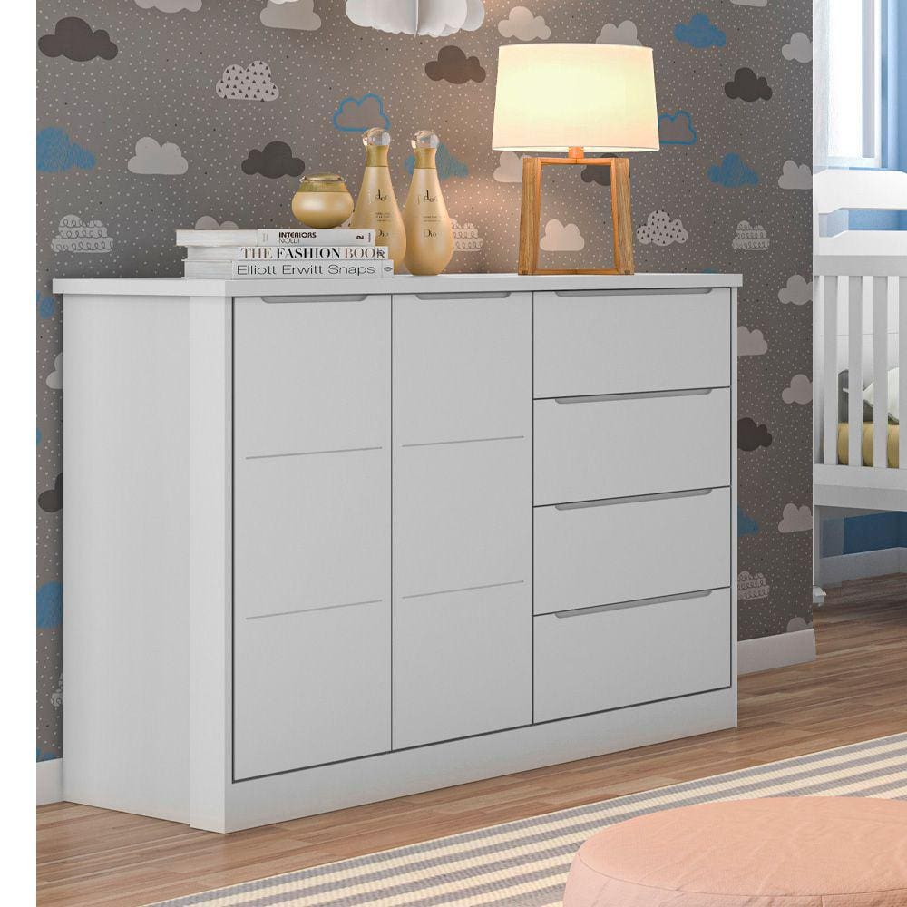 Cômoda Infantil Diamante 2 Portas e 4 Gavetas com Cabideiro 100% MDF Cor Cinza - Phoenix Baby