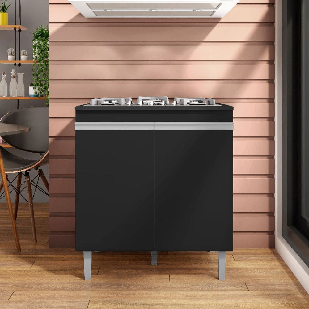 Balcão Para Cooktop de 4 e 5 Bocas Com Tampo Andréia Cor Preto - AJL Móveis