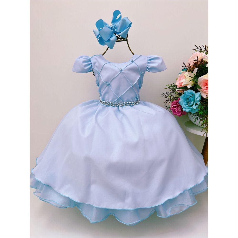 Vestido Infantil Daminha Roseane Azul e Branco