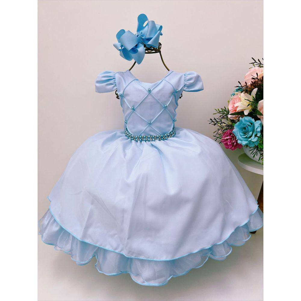 Vestido Infantil Azul Damas de Honra Renda Pérolas - Fabuloso Ateliê