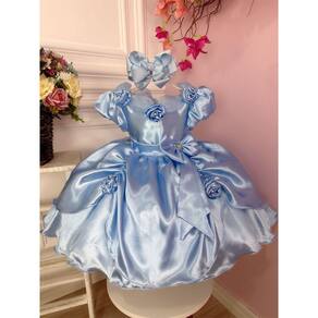 Vestido Infantil de Festa Azul Bebê Luxo Realeza Princesa Menina Cinderela  Frozen Elsa