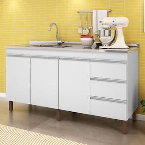 Balcão de Cozinha Karen 160cm Sem Tampo 3 Portas e 3 Gavetas Cor Branco - Peternella Móveis