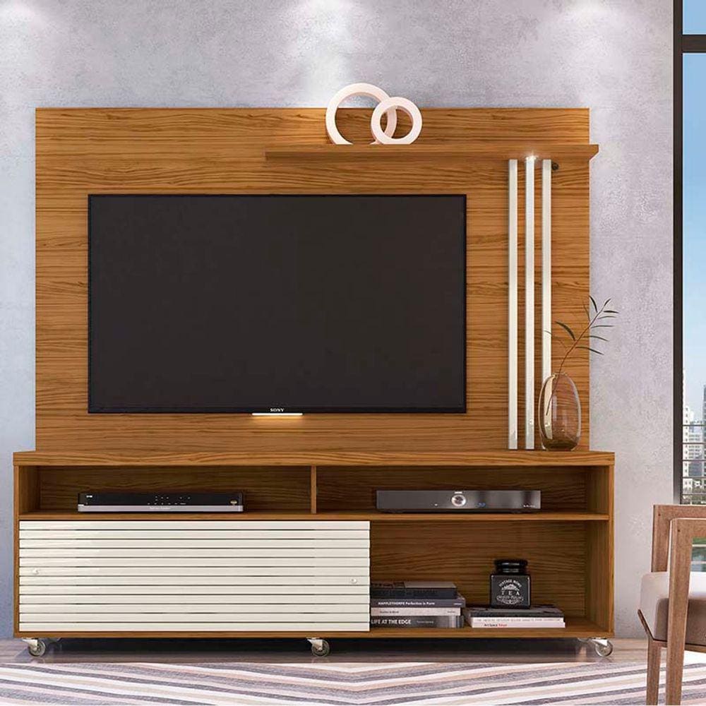 Rack com Painel para Sala Frizz Para TV até 65 Polegadas 2 Portas Cor Naturale e Off White - Madetec Móveis