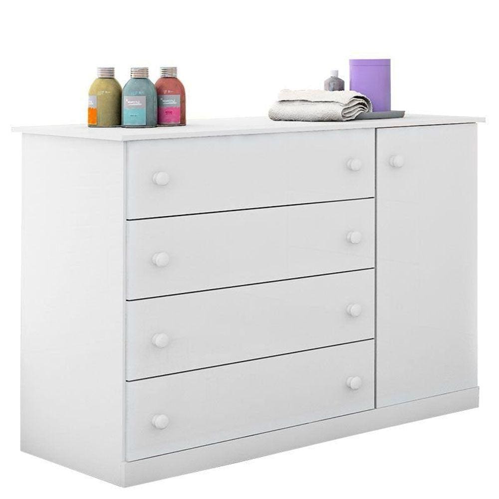 Cômoda Infantil Helena 1 Porta e 4 Gavetas com Cabideiro Cor Branco Brilho - Phoenix Baby
